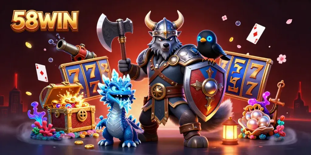 Experience thrilling wins at 58WIN with an epic battle scene featuring a Viking wolf warrior, dragon, and dynamic slot elements.