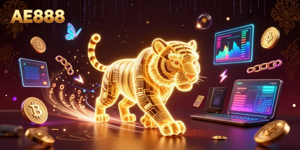 Engage with AE888 in an ultra-detailed digital casino landscape with a neon golden tiger and crypto elements.