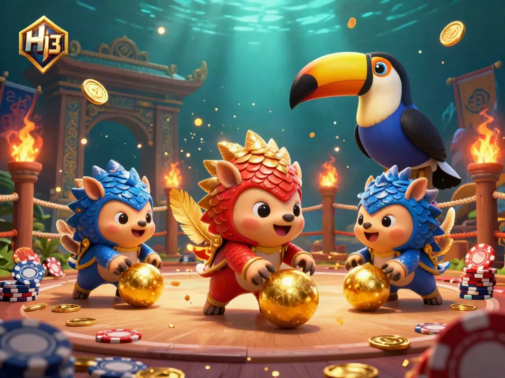 Engage in vibrant gaming action at H 13 with colorful pangolins bowling through poker chips.