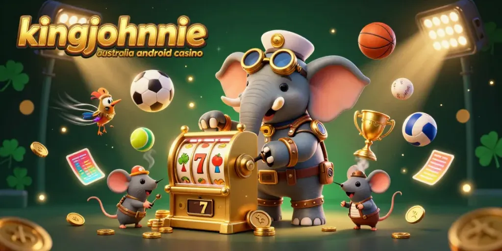 Experience the excitement at kingjohnnie australia android casino with a steampunk elephant operating a golden slot machine surrounded by sports elements.