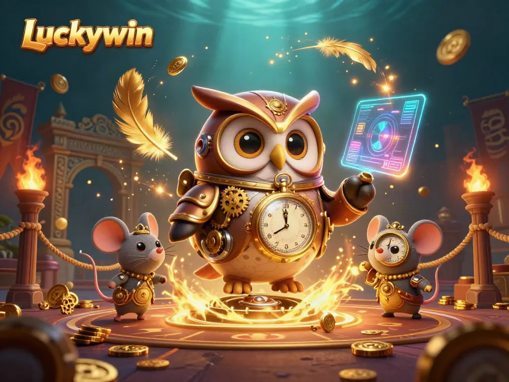 Experience the thrill of winning big at Luckywin with this captivating steampunk casino scene featuring a time-traveling owl and dynamic gaming elements.