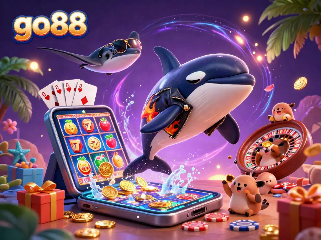 Win exciting prizes at go88 with a vibrant casino-themed scene featuring an orca, stingray, and otters.
