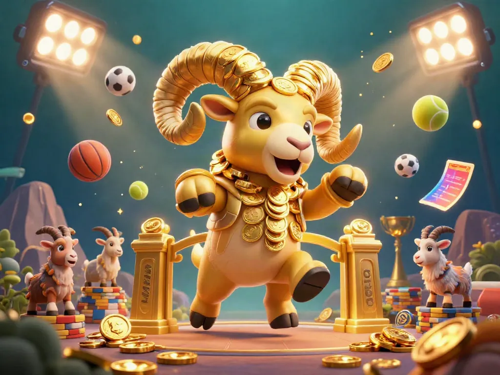 Experience the excitement of lu88 with a golden ram charging through a dynamic casino scene, featuring sports elements.