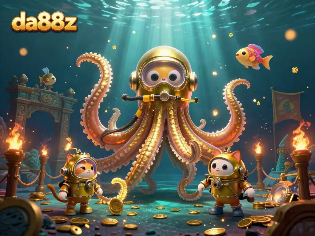 Experience da88z adventures with a colossal kraken and diving cat in a vibrant gaming scene.
