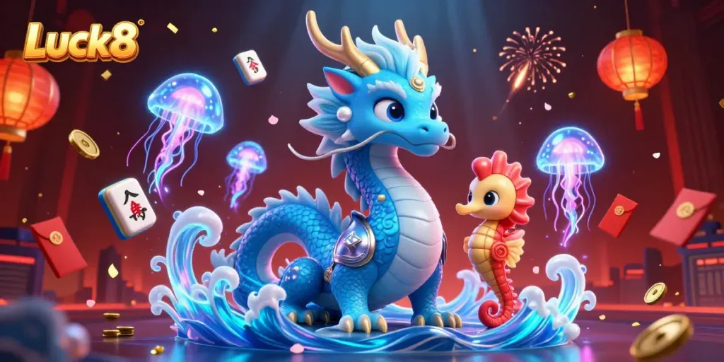 Experience Luck8's thrilling gameplay with a vibrant scene featuring a dragon and magical elements.