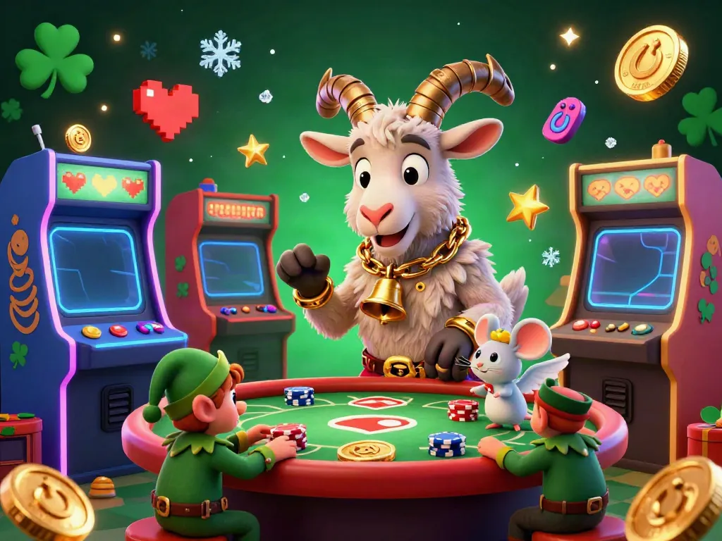 Engage with the vibrant world of nhà cái s666 in a festive gaming scene featuring a whimsical Krampus goat, angel mouse, and elf gremlins.