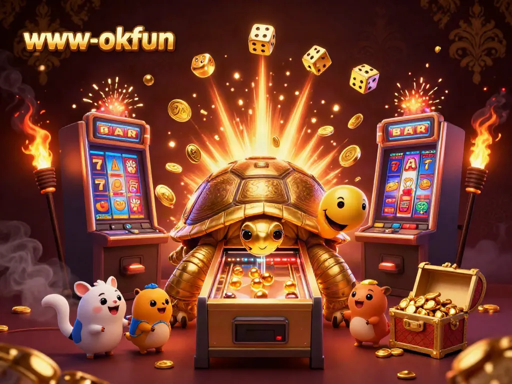Experience thrilling gameplay at www-okfun with animating golden tortoise and jackpot bursts