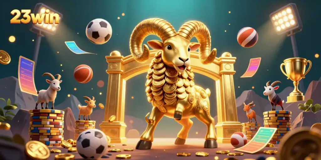 Experience thrilling gameplay at 23win with a dynamic illustration showcasing golden ram and sports elements.