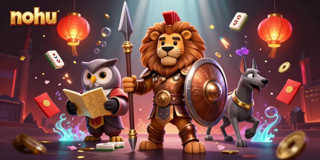 Experience the vibrant energy of nohu gaming with a heroic trio amidst festive casino elements.