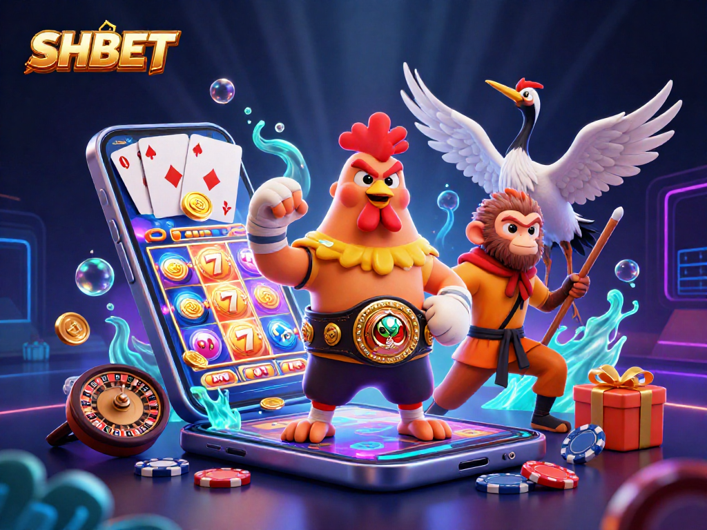 Experience thrilling slots and jackpots with SHBET's vibrant casino scene featuring action-filled characters.