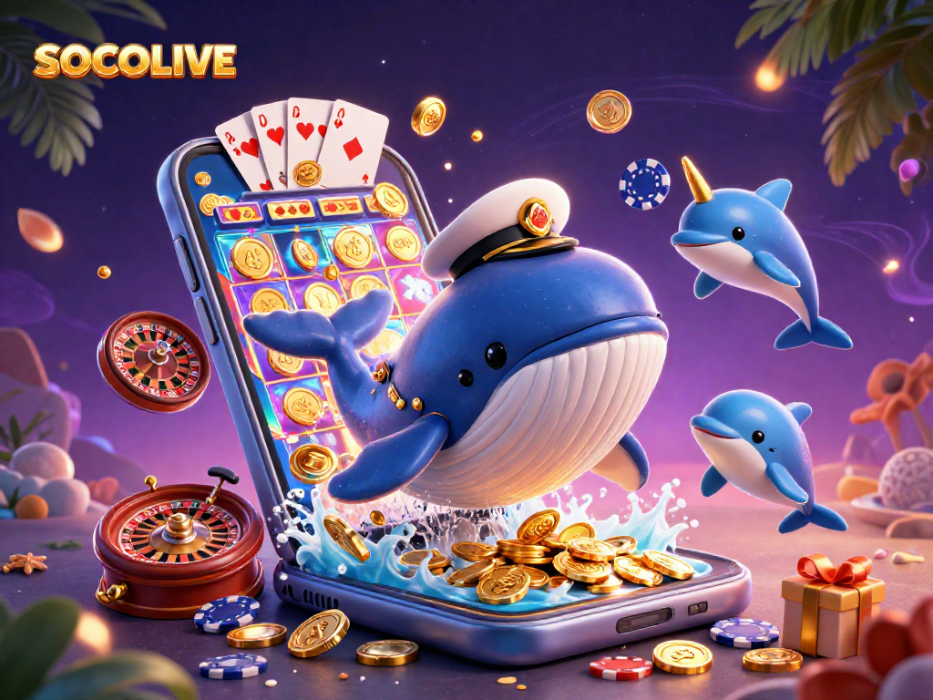 SOCOLIVE showcases a vivid scene with a whale in attire among coins and playful dolphins balancing poker chips.