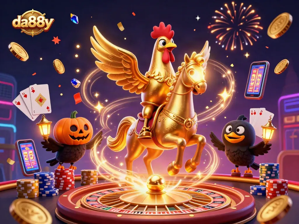 Experience the thrill at da88y with golden rooster and crow companions in a vibrant casino.