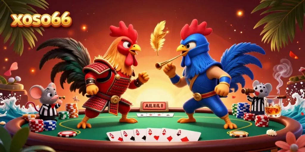 Experience thrilling action with xoso66 as twin fighting roosters battle amid a bustling casino atmosphere.