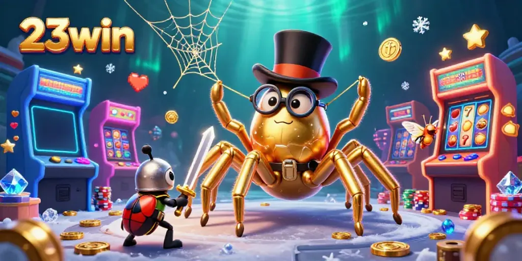 Immerse in 23win's vibrant casino world, with a golden tarantula and beetle knight surrounded by spinning slots and arcade games.