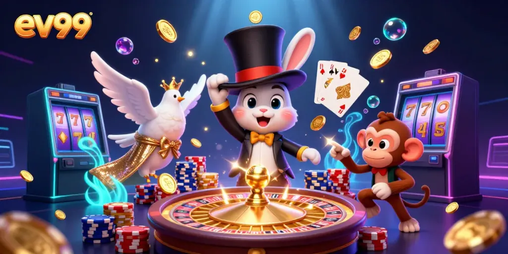 Experience the magic of gambling with ev99, featuring a whimsical scene of a magician rabbit, dove, and monkey amid casino treasures.
