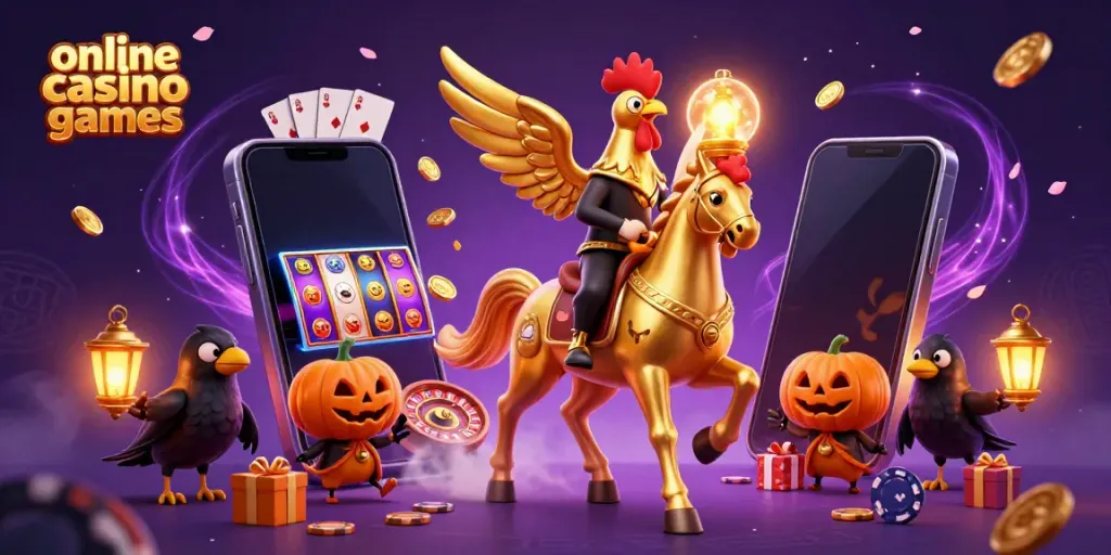 Experience exciting online casino games with a golden rooster riding a spectral horse amidst casino elements.
