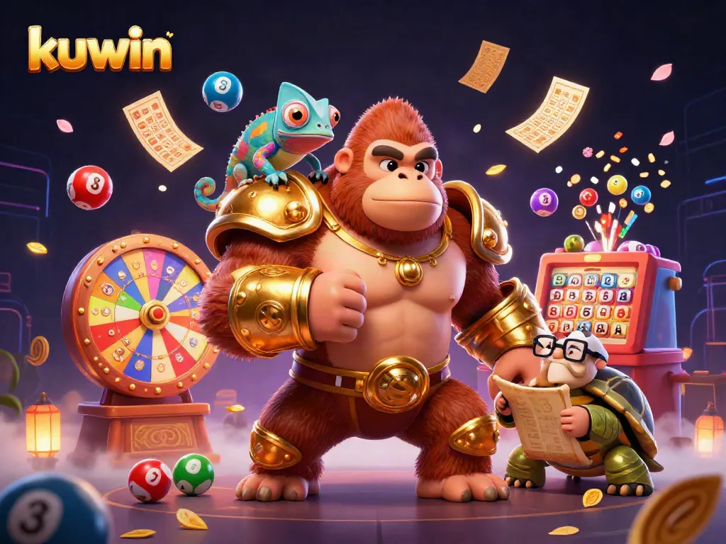 Experience the thrill of kuwin in this vibrant 3D illustration with colorful lottery elements and dynamic characters.