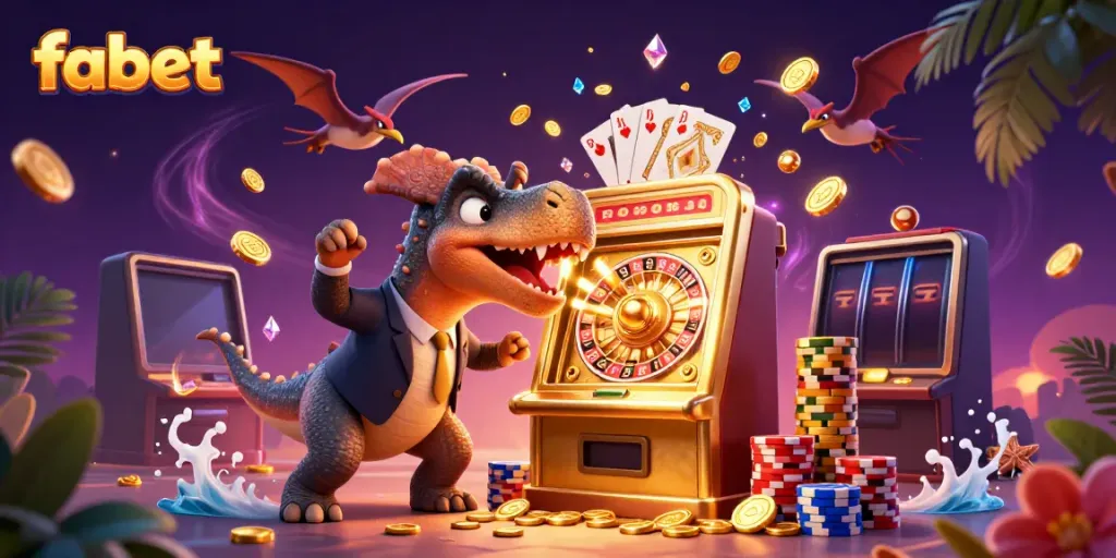 Fabet's dynamic casino scene with dinosaur characters winning jackpots and gold coins cascading everywhere.