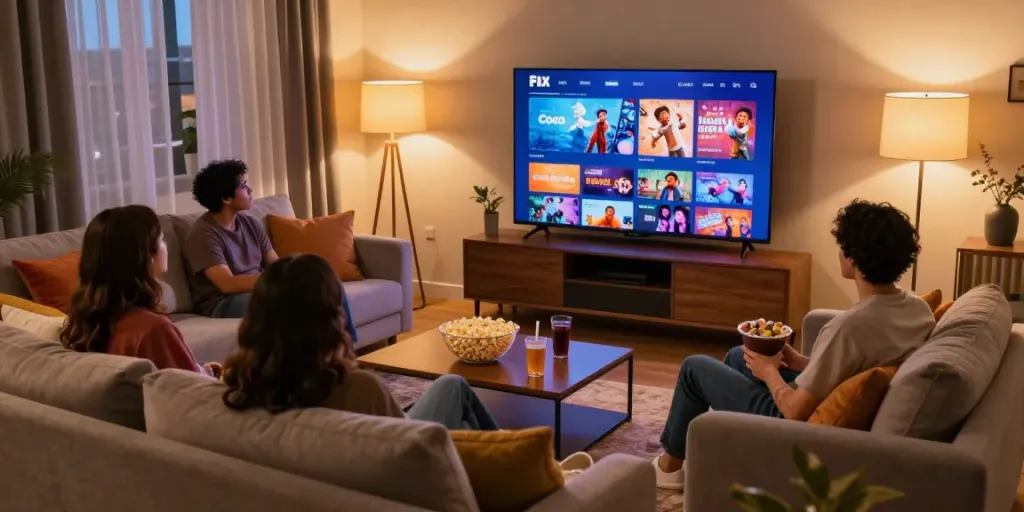 CocoFlix movie night scene with friends enjoying streaming content in a cozy living room.