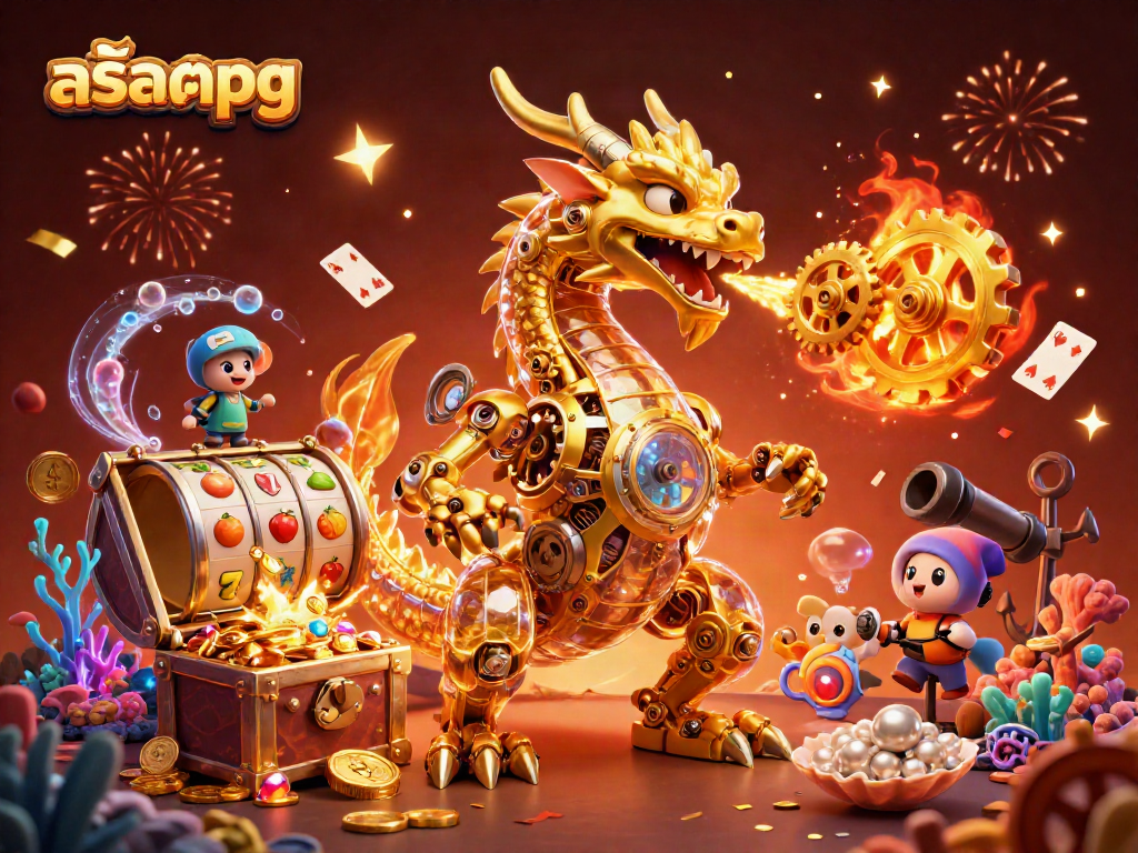 Spin the reels in สล็อตpg's vibrant world with a golden dragon and engineer amidst treasures!