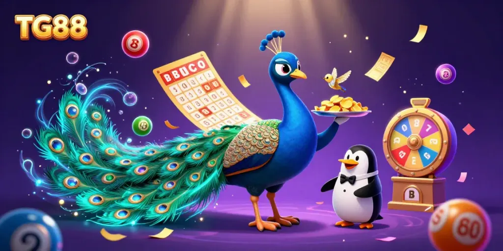 Engaging TG88 gaming scene with a peacock and a butler penguin amidst lively lottery elements.