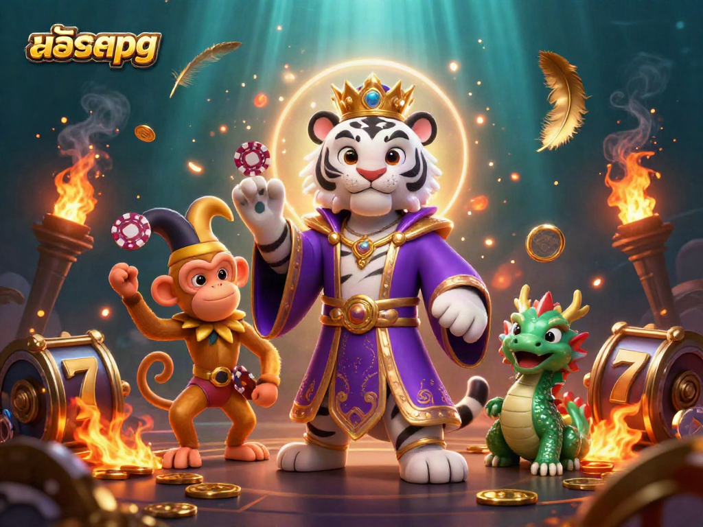 Engaging animation of สล็อตpg characters with the white tiger, monkey, and dragon in a vibrant casino scene.