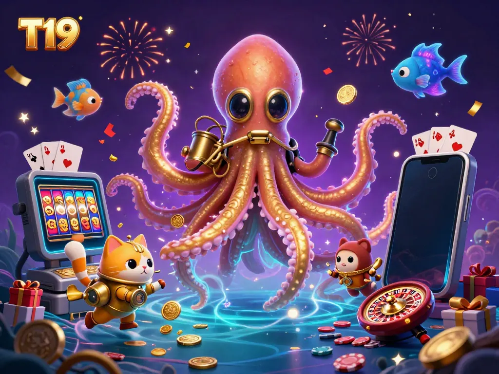 Engage in thrilling T19 games with a kraken, diving cat, and vibrant casino elements!
