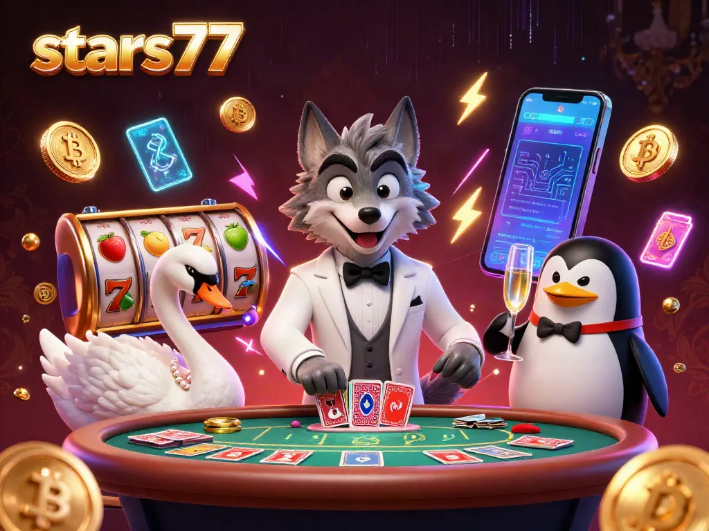 Memainkan slots di stars77 dengan karakter menarik dalam ilustrasi kasino 3D memukau.