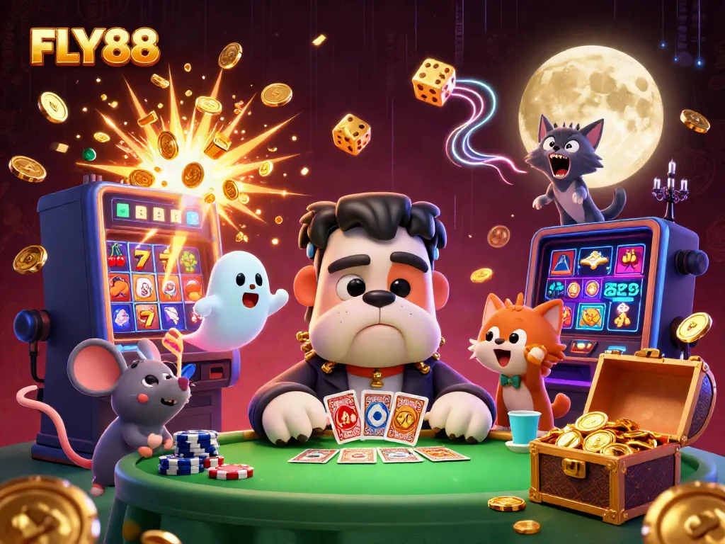 Engage with FLY88’s vibrant gaming universe featuring a cartoon Frankenstein bulldog at a casino table.