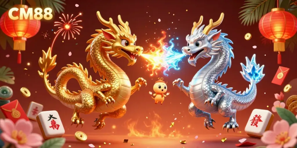 Engage in a dynamic casino experience with CM88, featuring gold and silver dragons amidst floating mahjong tiles and lanterns.