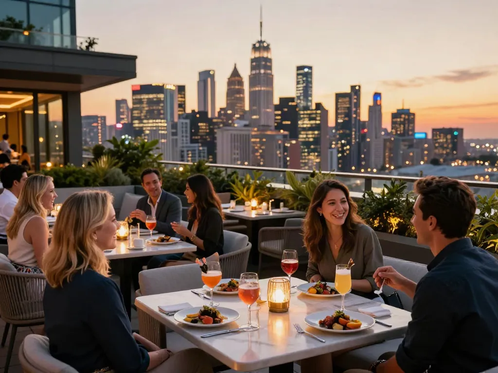 Enjoying gourmet dishes at the nohu rooftop restaurant with city skyline view.