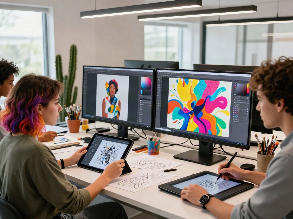 A creative digital art studio showcasing a collaborative team using an AI image generator from image software, artist adjusting settings on tablet in vibrant workspace.