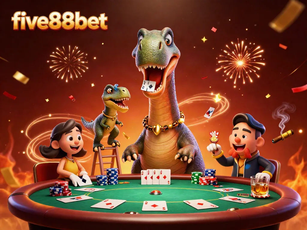 Experience an exciting moment at five88bet, where a brontosaurus towers above a lively poker table with brilliant colors.