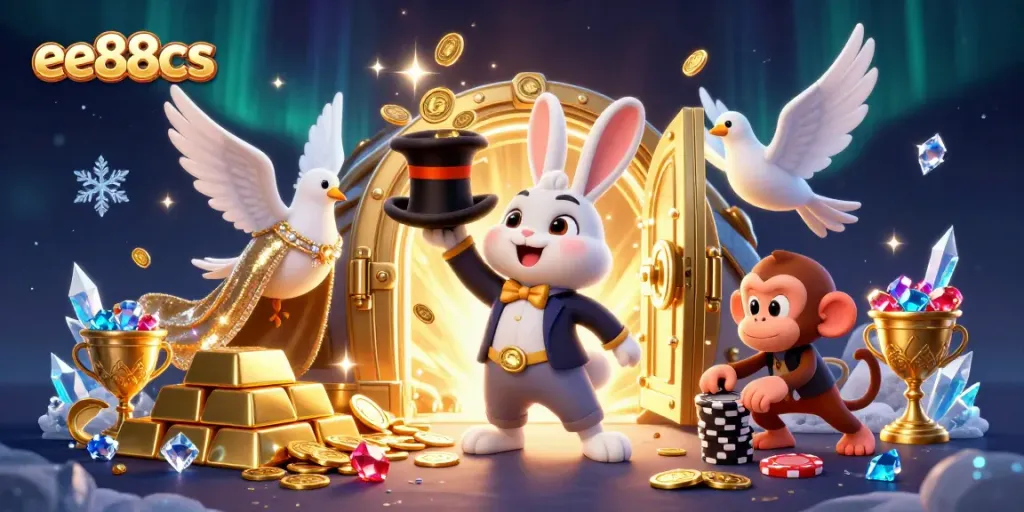 Engage in thrilling gameplay with ee88cs as cute characters animate a vibrant casino scene full of treasures.