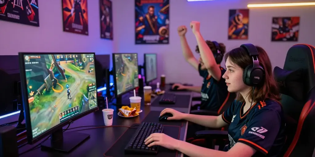 Online gaming community engaging in esports activities at https://ku88vt.com/ with vibrant LED lighting.