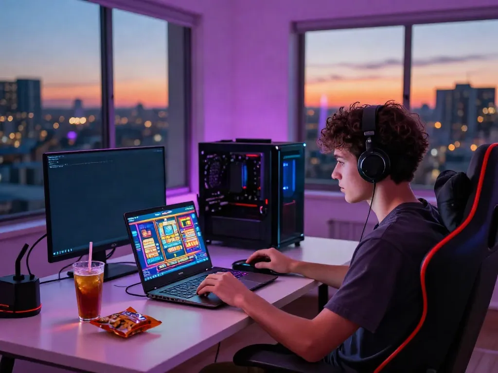 Exciting A80 online gaming scene with a player immersed in vibrant slot games.