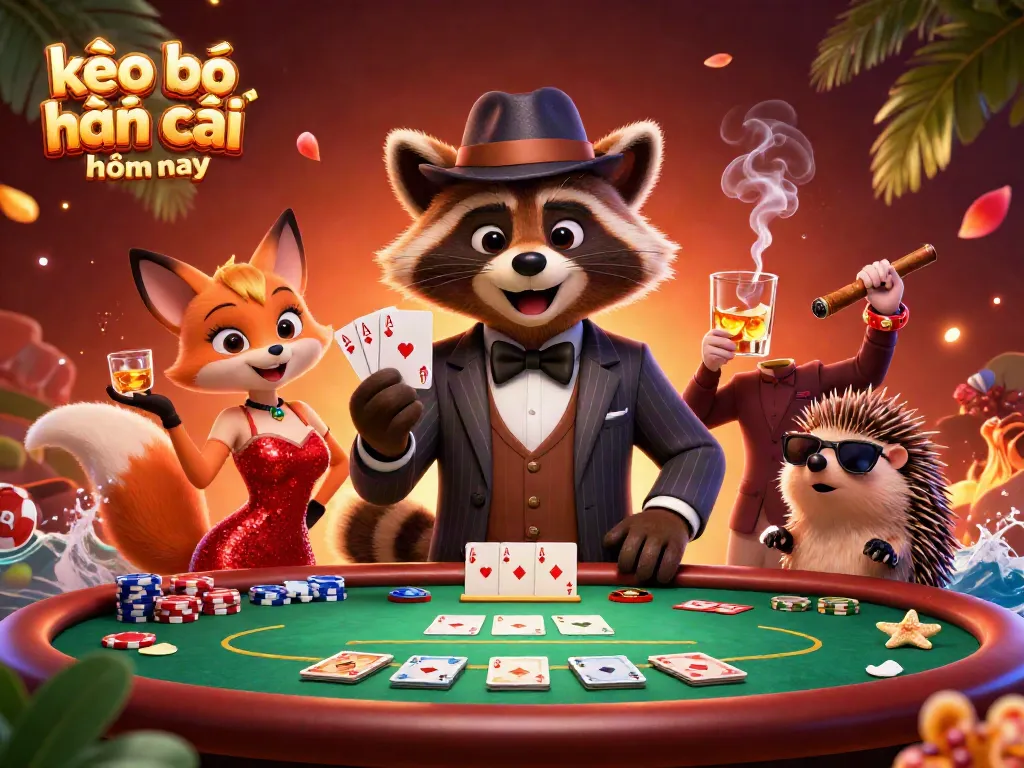 Engage with kèo nhà cái hôm nay featuring a suave raccoon, charming fox, and hedgehog bouncer in a vibrant poker setting.