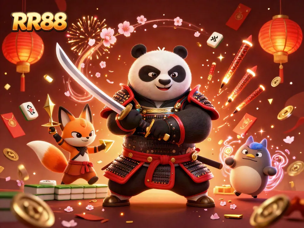 Experience the excitement of gambling with RR88 featuring a samurai panda and ninja fox in a festive casino scene.