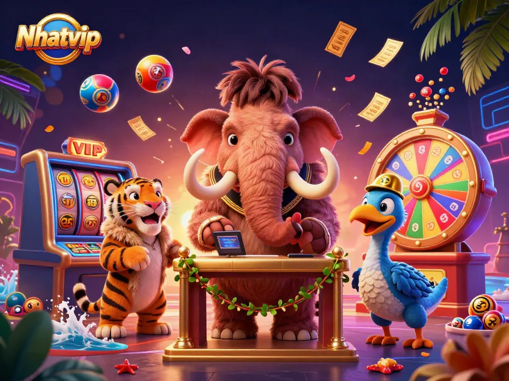 Nhatvip casino illustration featuring a woolly mammoth bouncer and saber-tooth tiger VIP guest in a vibrant gaming atmosphere.