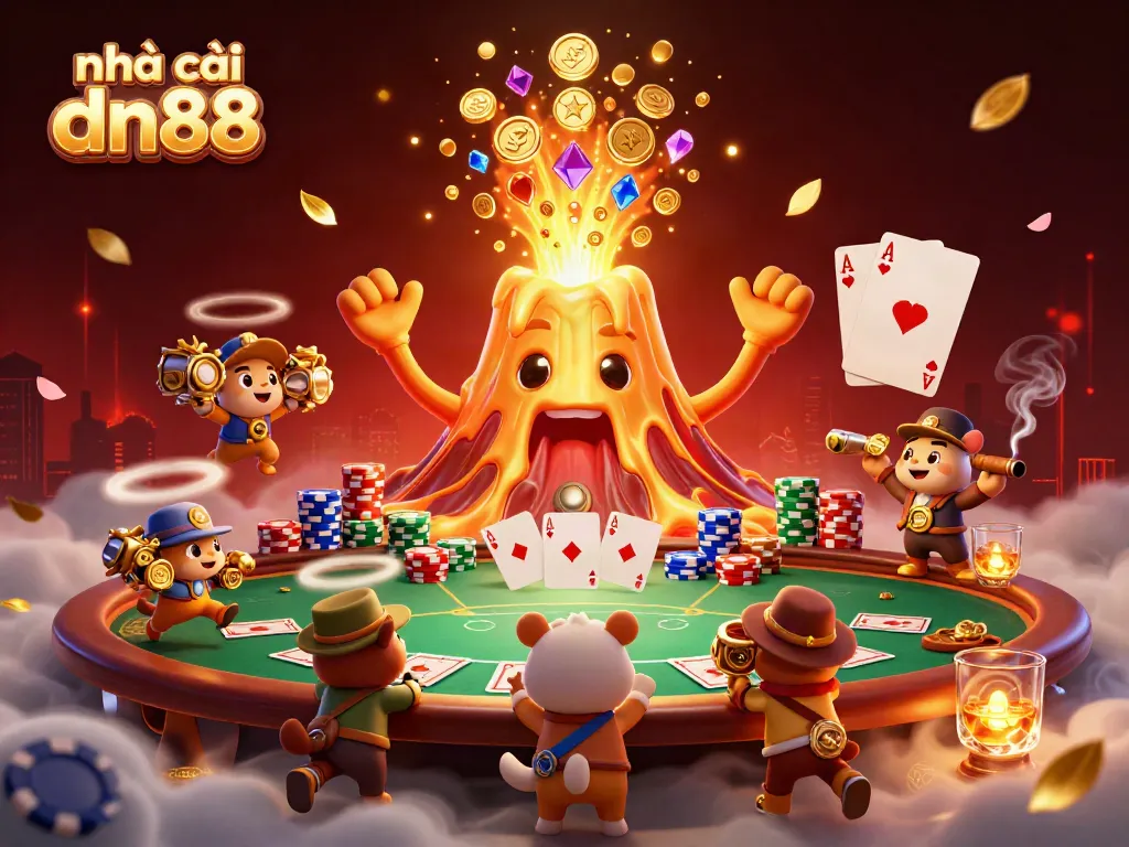 Experience the excitement of nhà cái dn88 with a vibrant 3D scene showcasing a golden volcano and treasure