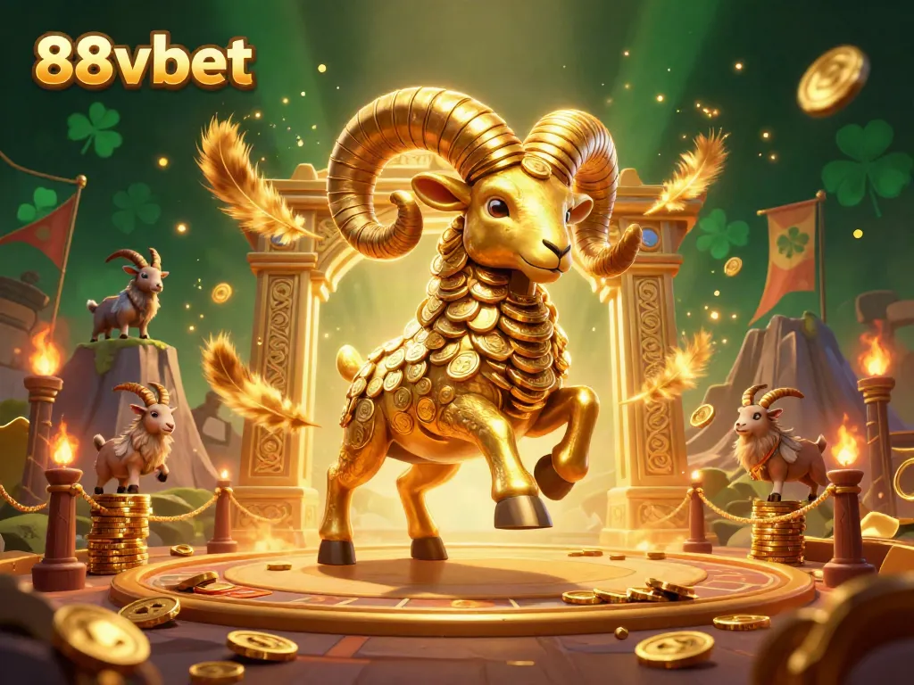 Experience the thrill of 88vbet with a vibrant scene of a golden ram charging through a gaming arena.