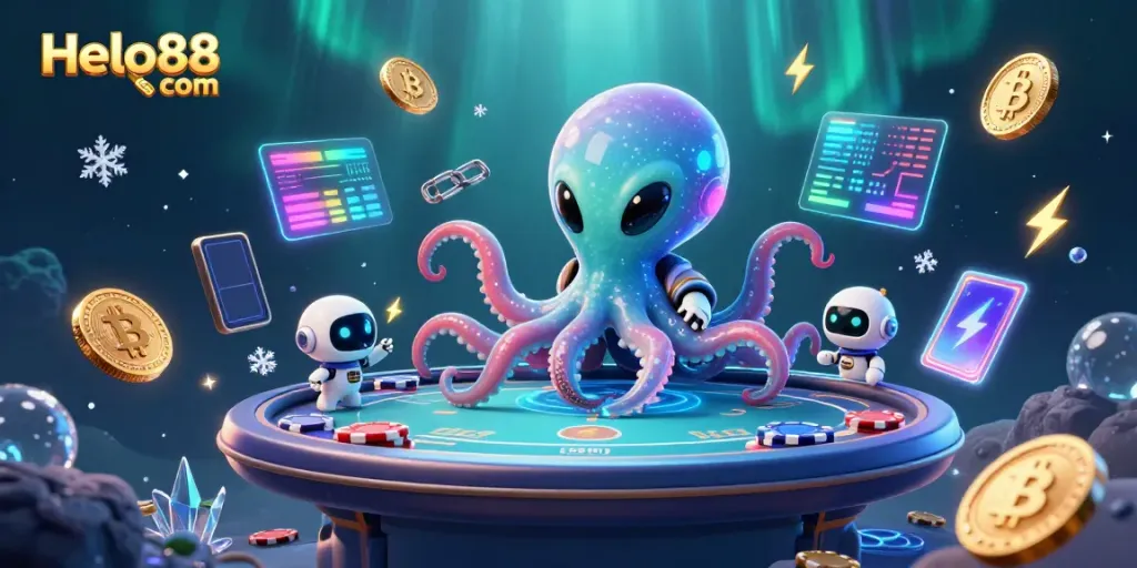 Join the excitement at Helo88 com, where an alien octopus plays poker amid glowing cryptocurrency!