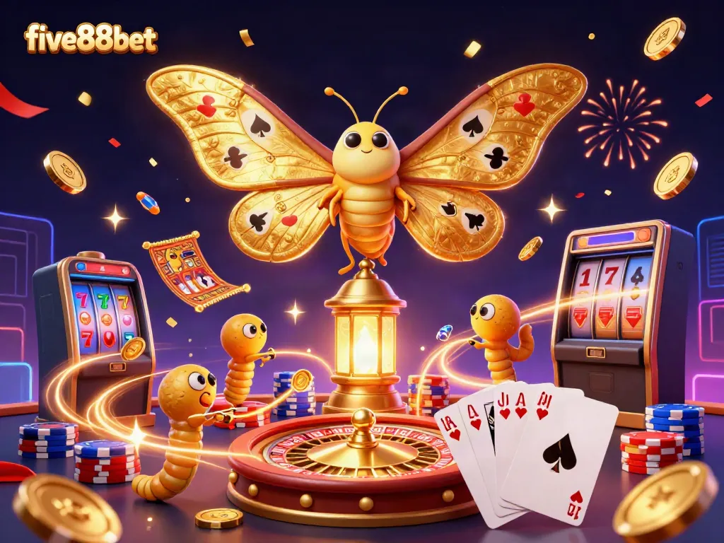 Experience excitement and wins at five88bet with this detailed casino illustration showcasing vibrant games and prizes.