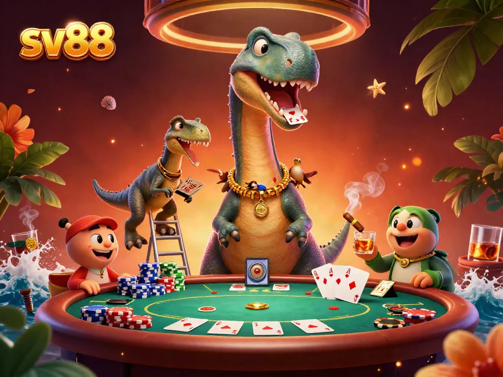 Experience the thrill of sv88 with a giant brontosaurus overseeing a vibrant poker game.