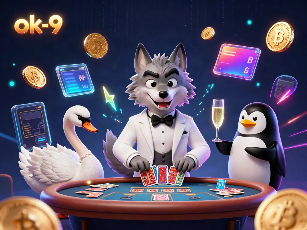 Experience the thrill of betting at ok-9 with an engaging scene featuring a debonair wolf, elegant swan, and sommelier penguin in a vibrant casino environment.
