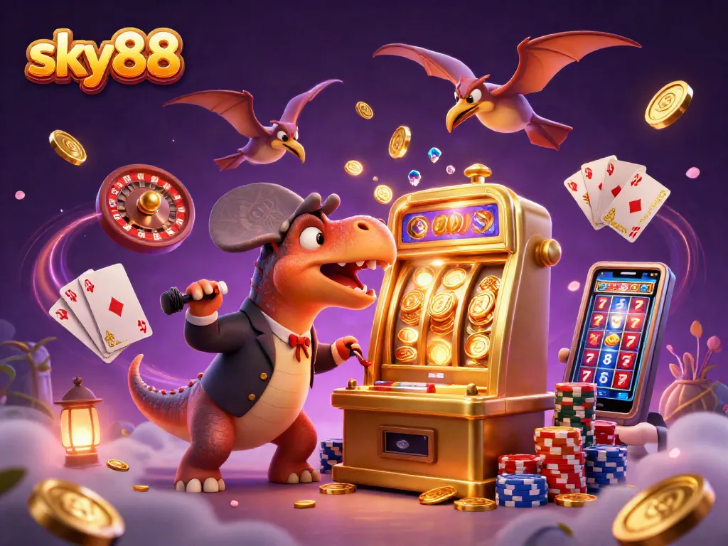 Sky88 celebrates jackpot excitement with a pachycephalosaurus and vibrant casino elements.