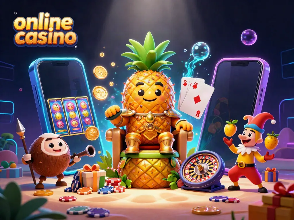 Experience the vibrant excitement of an online casino with a golden pineapple king and dynamic gaming elements.