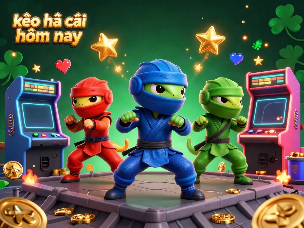 Engage with kèo nhà cái hôm nay as cartoon ninja chameleons showcase martial arts amidst golden stars and vibrant gaming elements.