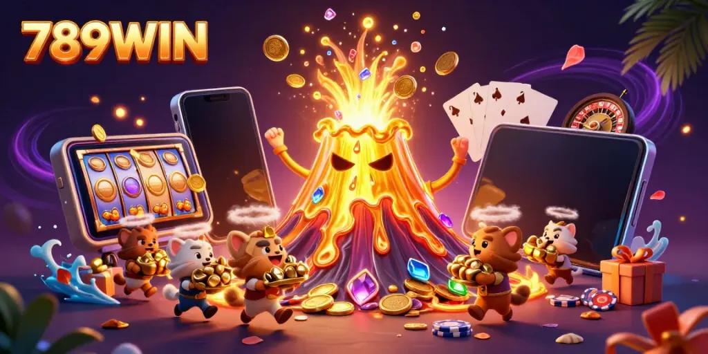Engage with 789WIN's exciting treasures as a golden volcano erupts coins and gems.