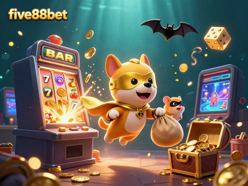 Experience the excitement of five88bet with a superhero dog and hamster amidst a jackpot explosion!